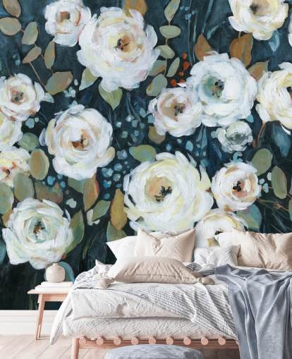 papel de parede floral pintado de verde, azul e branco