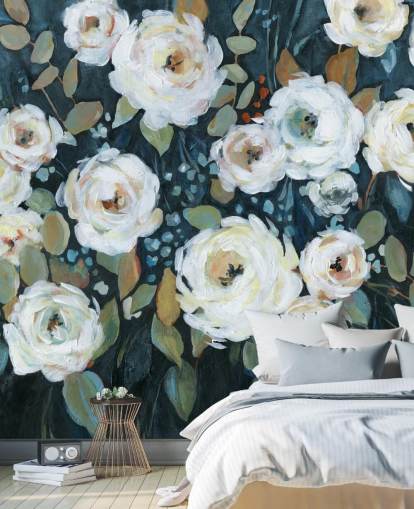 papel de parede floral pintado de verde, azul e branco