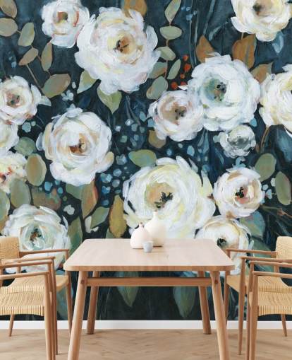 green, blue and white painted floral wallpaper