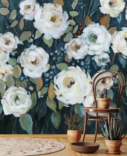 grøn, blå og hvid malet blomster tapet