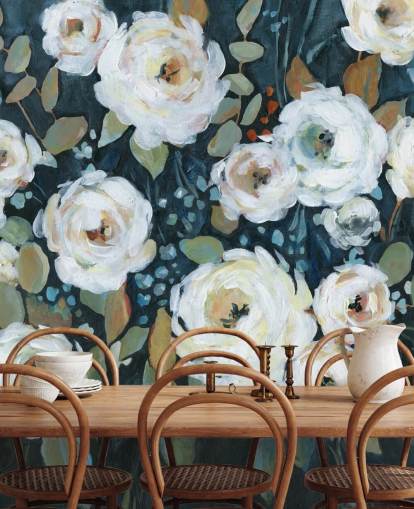 papel pintado floral verde, azul y blanco