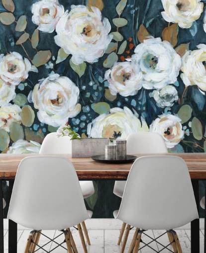 grün, blau und weiß bemalte Blumentapete