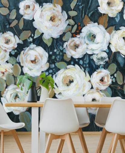 papel de parede floral pintado de verde, azul e branco