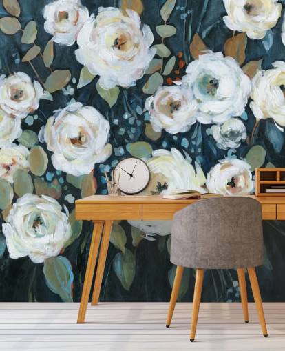 green, blue and white painted floral wallpaper