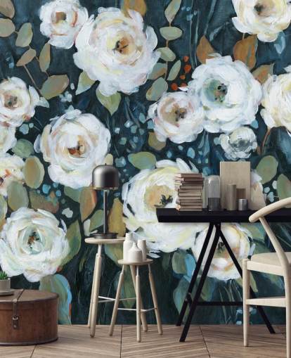 papel pintado floral verde, azul y blanco