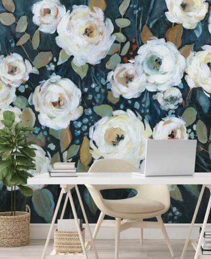 green, blue and white painted floral wallpaper