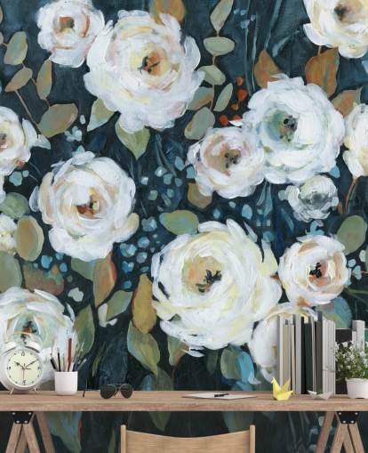 grün, blau und weiß bemalte Blumentapete