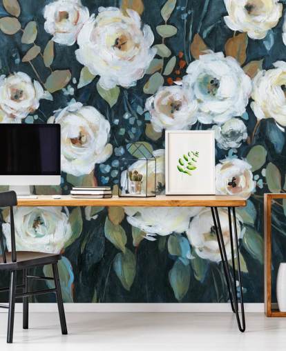 papel de parede floral pintado de verde, azul e branco