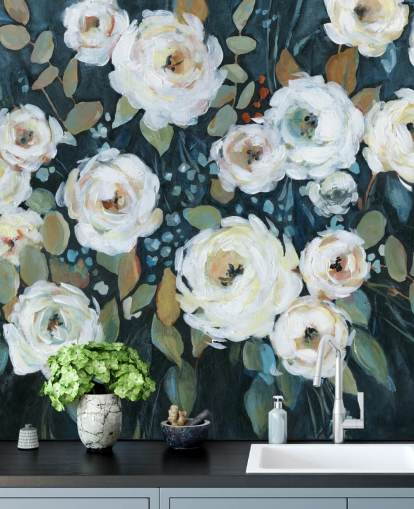 green, blue and white painted floral wallpaper