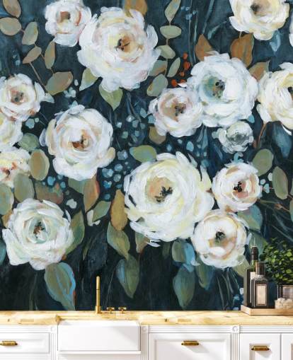 green, blue and white painted floral wallpaper