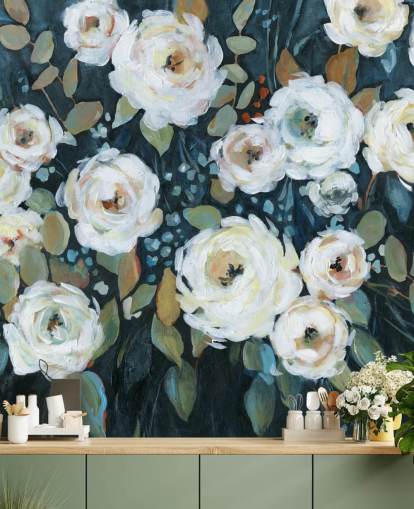 papel pintado floral verde, azul y blanco