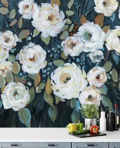 green, blue and white painted floral wallpaper