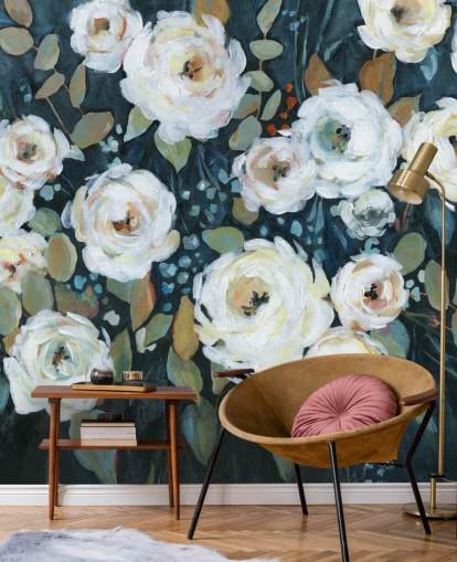 papel de parede floral pintado de verde, azul e branco