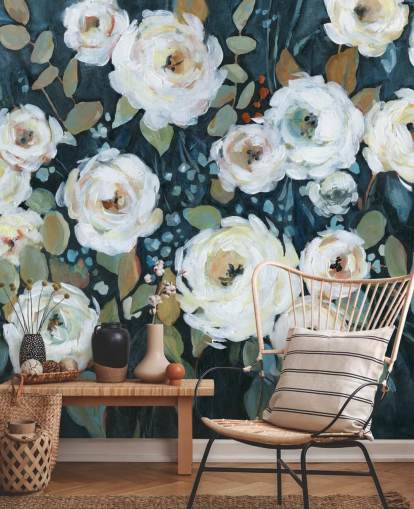 grønn, blå og hvitmalt floral tapet