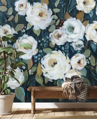 green, blue and white painted floral wallpaper