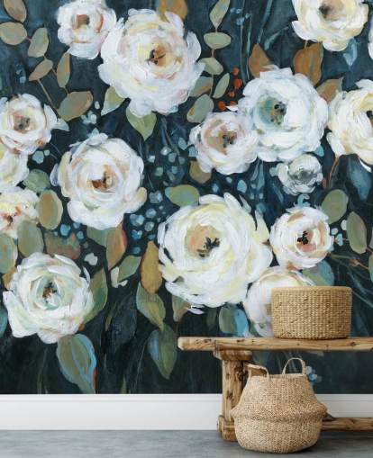 green, blue and white painted floral wallpaper