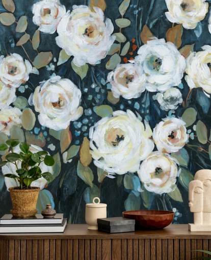 green, blue and white painted floral wallpaper