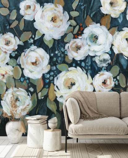 grün, blau und weiß bemalte Blumentapete