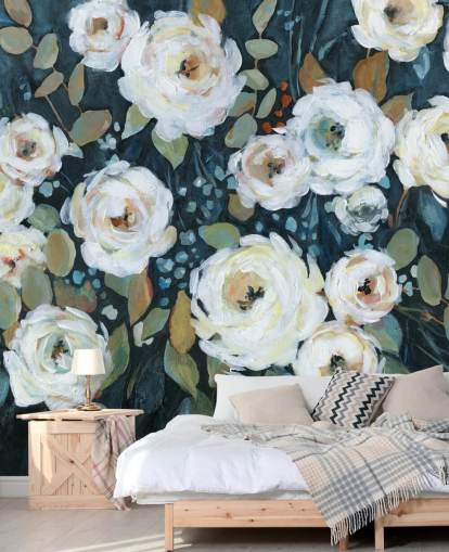 green, blue and white painted floral wallpaper
