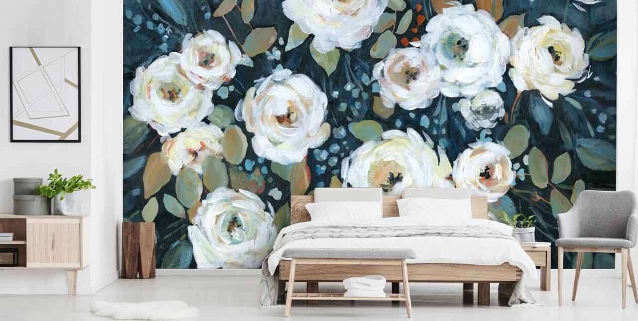 papel pintado floral verde, azul y blanco