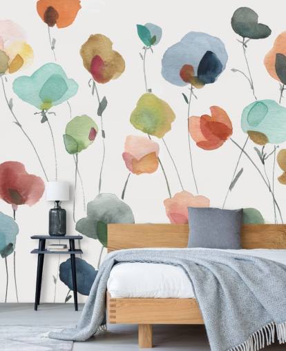 papier peint fleurs bleues, oranges et rouges