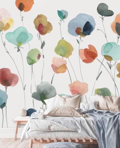 papel de parede flores azuis, laranja e vermelhas