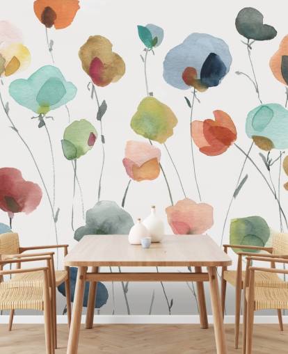 papier peint fleurs bleues, oranges et rouges