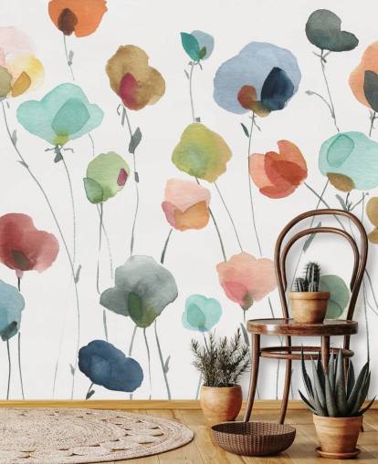 blauw, oranje en rood bloemenbehang blauw, oranje en rood bloemenbehang