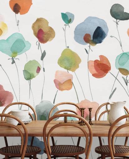 papier peint fleurs bleues, oranges et rouges