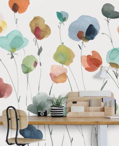 papel de parede flores azuis, laranja e vermelhas