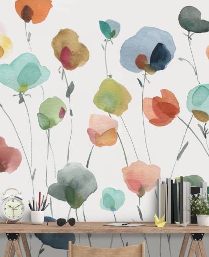 blauw, oranje en rood bloemenbehang