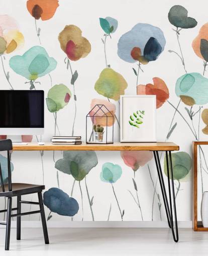 papel de parede flores azuis, laranja e vermelhas