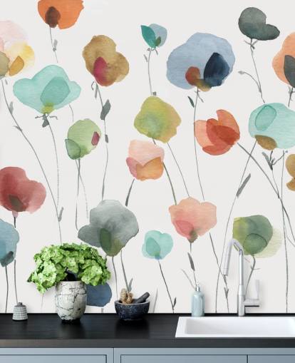 blauw, oranje en rood bloemenbehang blauw, oranje en rood bloemenbehang