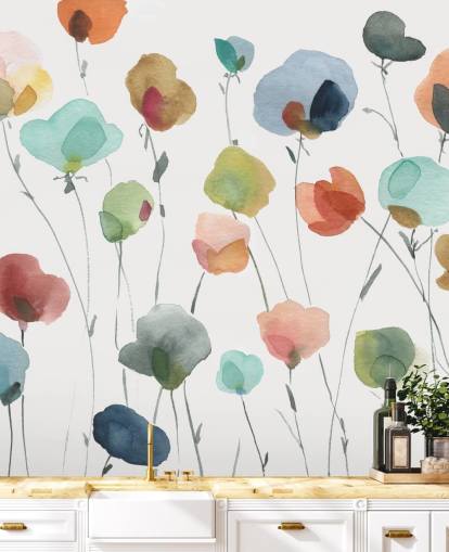 blauw, oranje en rood bloemenbehang