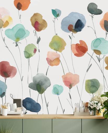 carta da parati fiori blu, arancioni e rossi