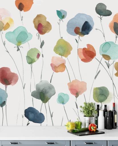 papier peint fleurs bleues, oranges et rouges