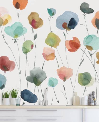 papier peint fleurs bleues, oranges et rouges papier peint fleurs bleues, oranges et rouges