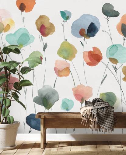 papel pintado de flores azules, naranjas y rojas