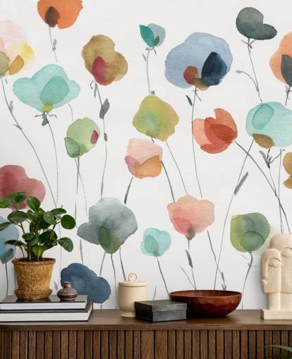 papel de parede flores azuis, laranja e vermelhas