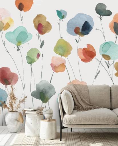 papier peint fleurs bleues, oranges et rouges