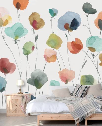 papier peint fleurs bleues, oranges et rouges