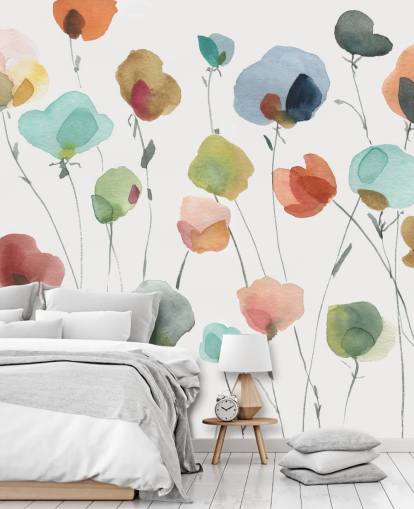 papier peint fleurs bleues, oranges et rouges