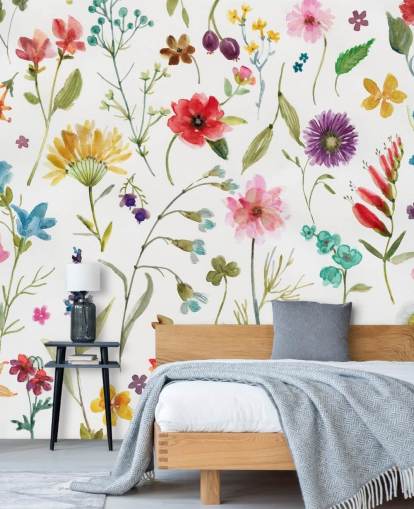 painted colourful meadow flowers on white background wallpaper