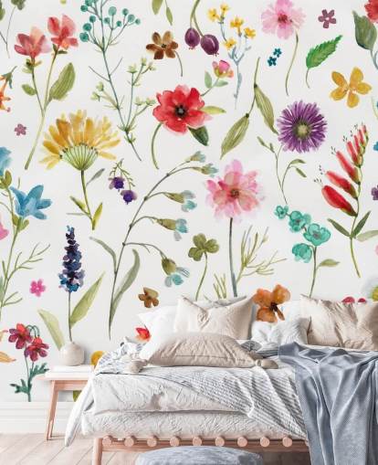 beschilderde kleurrijke weidebloemen op wit achtergrondbehang