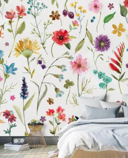 malet farverige eng blomster på hvid baggrund tapet