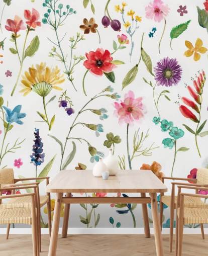 painted colourful meadow flowers on white background wallpaper