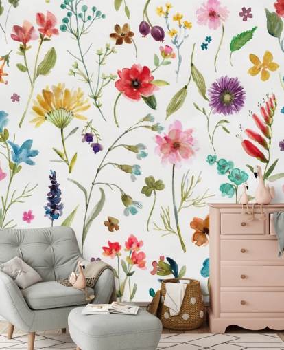 malt fargerike eng blomster på hvit bakgrunn tapet