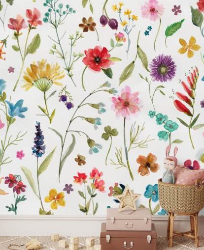painted colourful meadow flowers on white background wallpaper