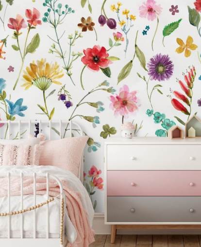 painted colourful meadow flowers on white background wallpaper