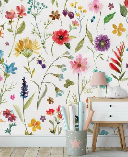 fleurs de prairie colorées peintes sur fond blanc papier peint fleurs de prairie colorées peintes sur fond blanc papier peint